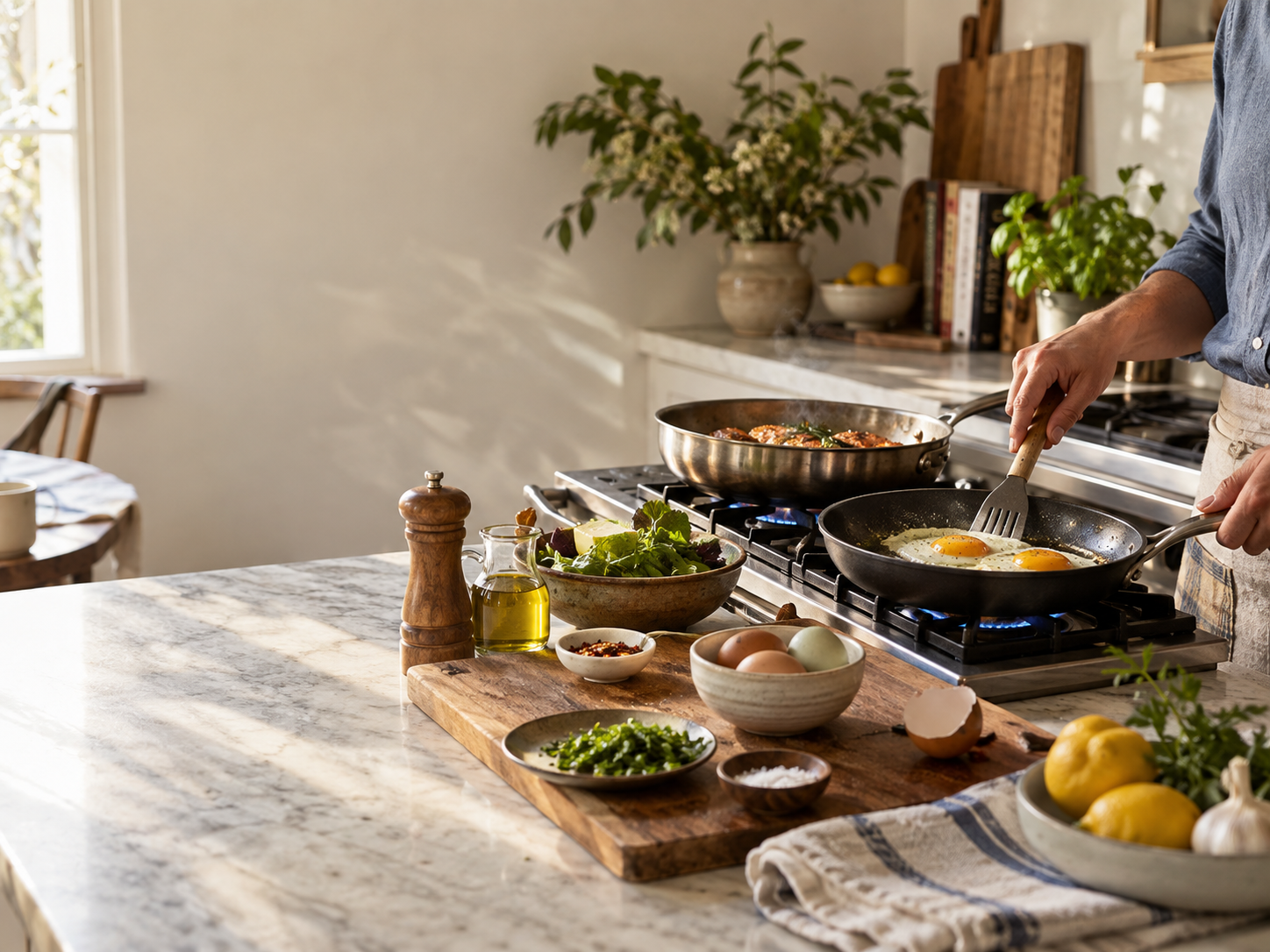 Editorial kitchen scene showing a home cook using two generic frying pans for eggs and browned food; not an image of a linked product.