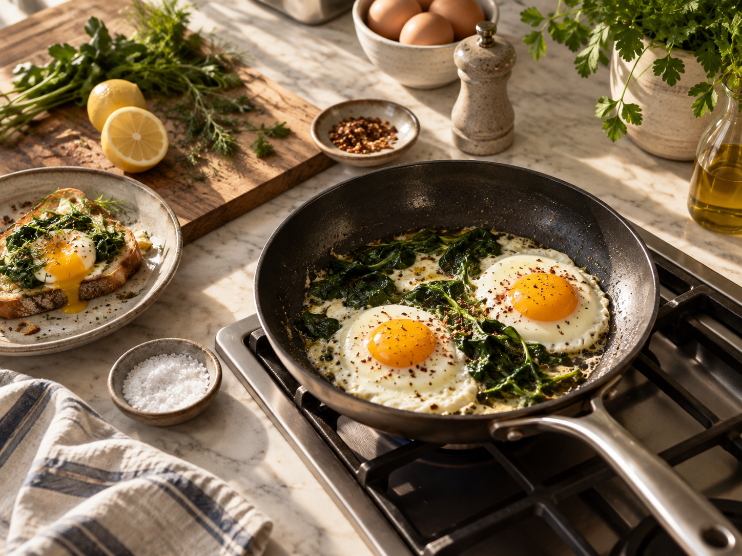 Editorial image of eggs and greens cooking in a generic skillet; not an image of the linked product.