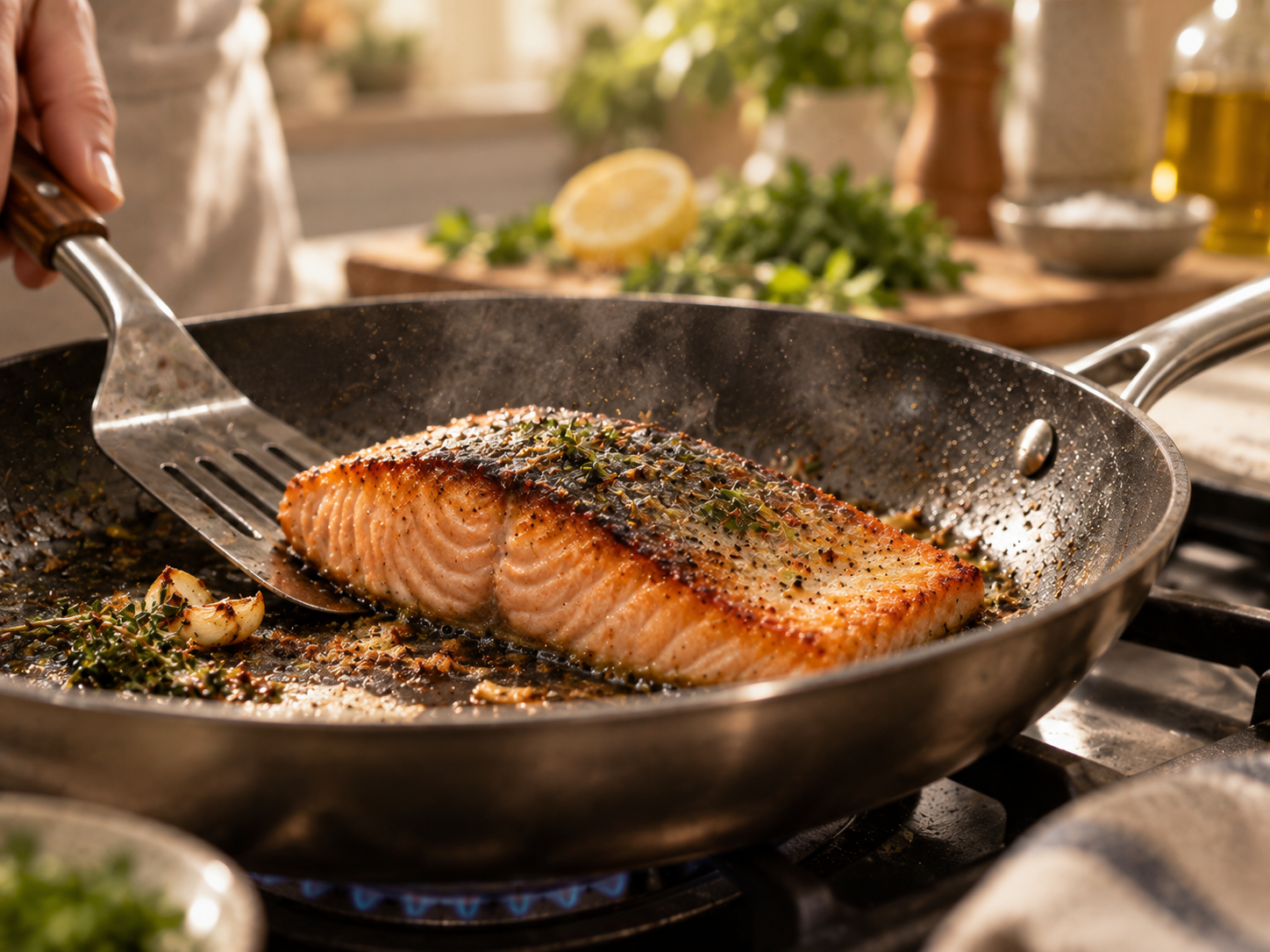 Editorial image of salmon browning in a generic frying pan; not an image of the linked product.