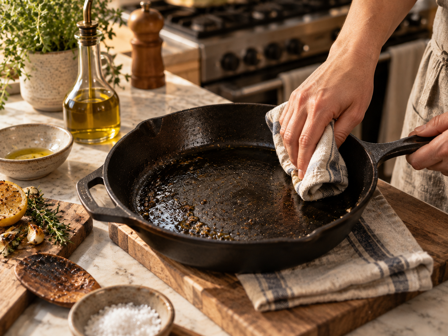 Editorial image of cleaning a generic cast-iron skillet after cooking; not an image of the linked product.