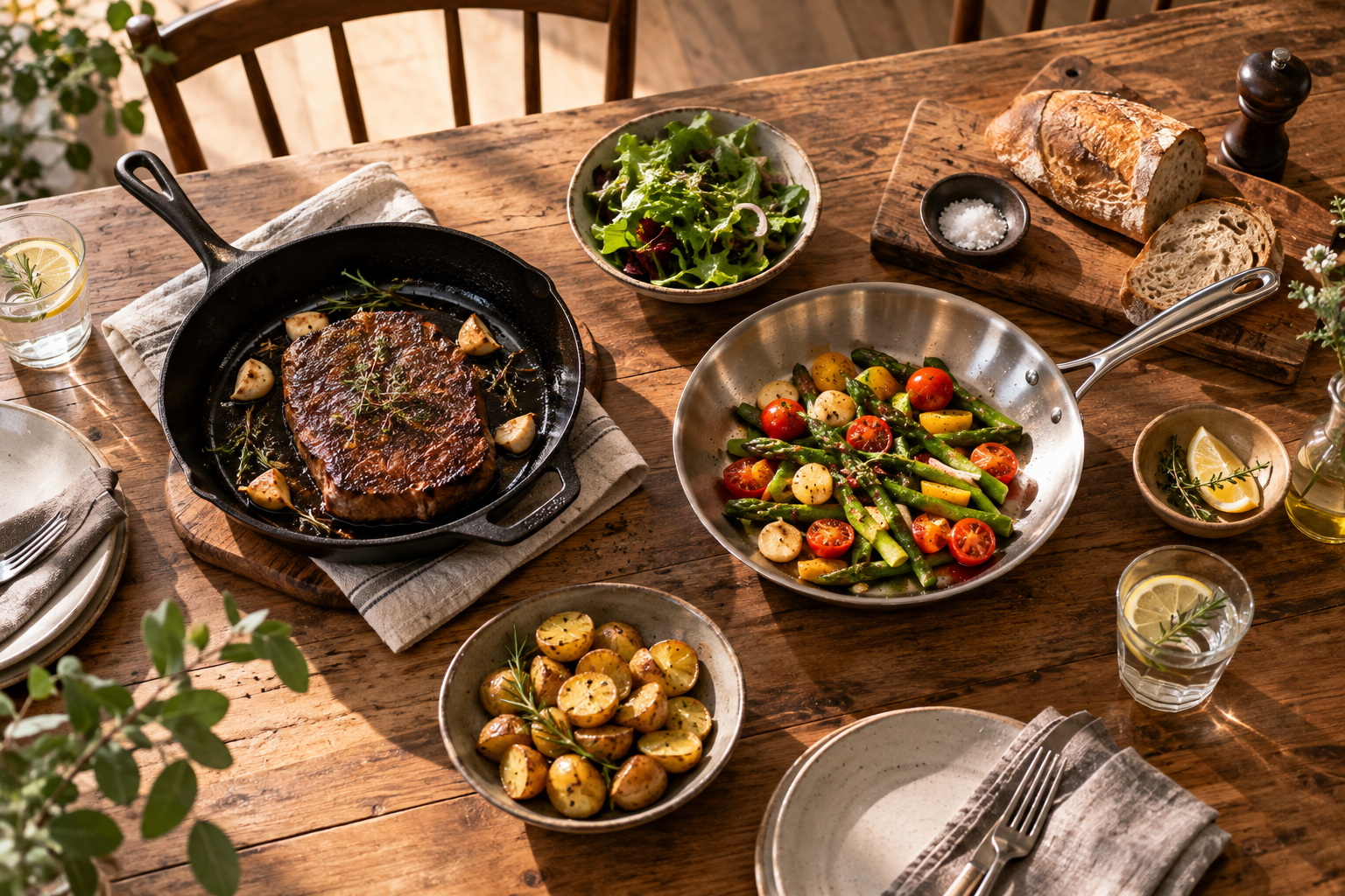 Editorial meal scene with a generic cast-iron skillet and a generic stainless-steel pan serving different cooking jobs; not images of linked products.