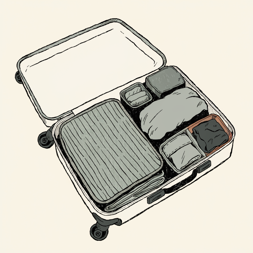 Editorial illustration of a carry-on system with a main clothing cube, a small essentials cube, an optional soft-item compression role, and a separate clean and dirty role.