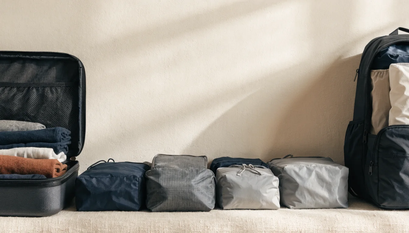 Editorial carry-on context showing an unbranded carry-on, travel backpack, and packing cubes for different bag shapes.